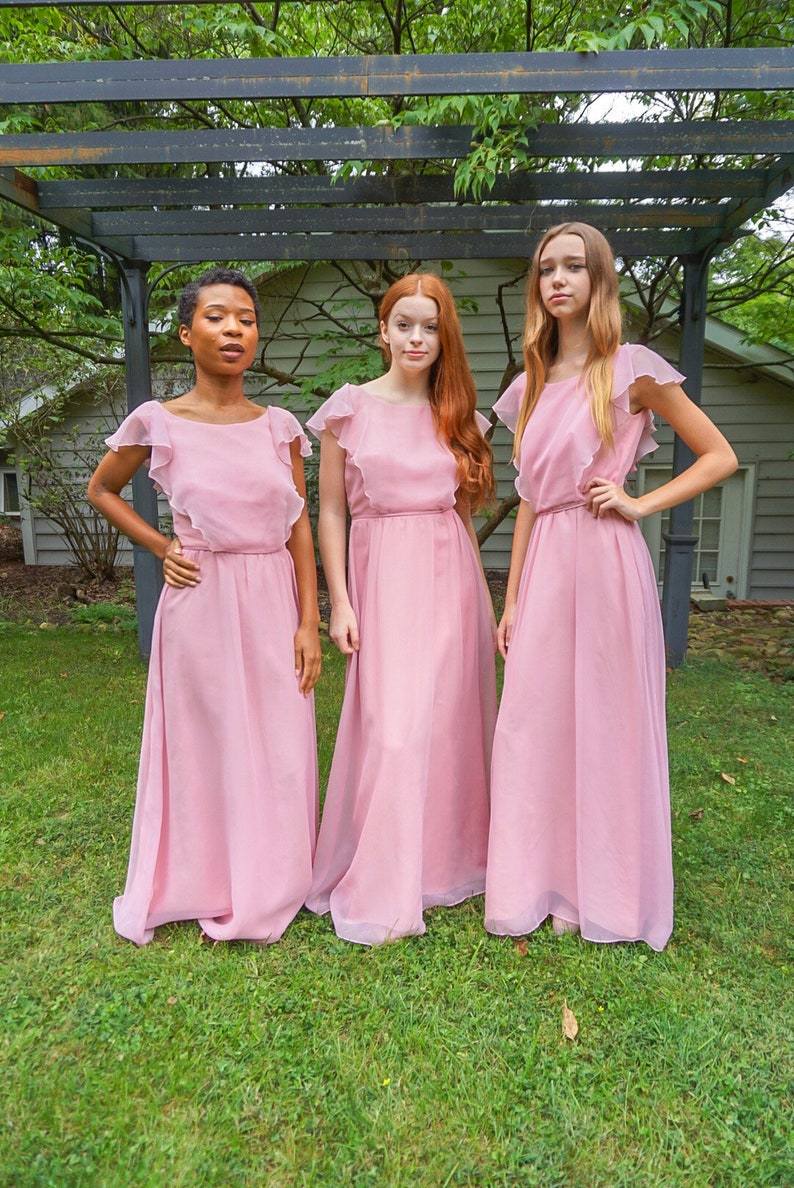 XS, S, & M 1970s Vintage Pink Pastel Maxi Bridesmaids dresses With Sheer Sleeves and Back Ruffles/Spring Dresses/ Wedding Dresses immagine 2