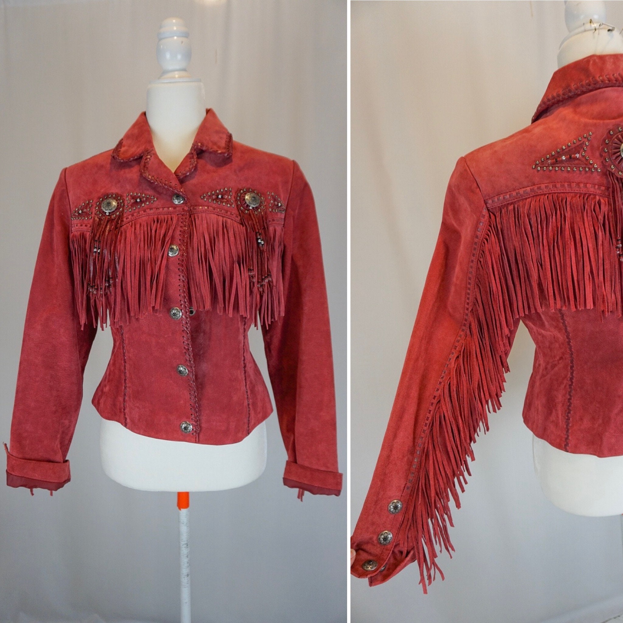 AuthenticThriftCo Size Xs M Modern Pink Scully Suede Leather Fringe Jacket with Metal and Beading Detailing Western Jacket Cowgirl Jacket