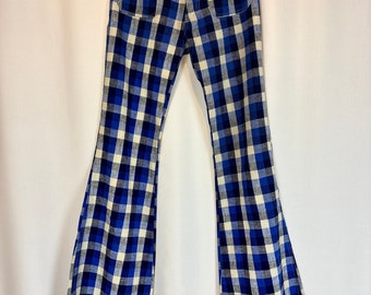 Tamaño S -1970s Vintage azul y blanco a cuadros Bell Bottoms con bolsillos delanteros y traseros / Hippie Bell Bottoms/ Boho Vintage Bell Bottoms