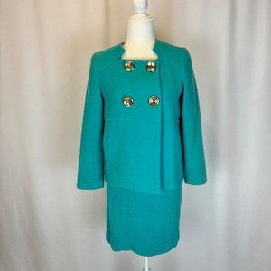 Size S/M - 1990s/2000s Vintage Turquoise Two Piece Skirt and Jacket Set with Large Gold Buttons/ 1960s Style/ Winter and Spring Suit
