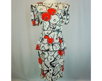 1980’s/1990’s Morton Myles Mod Artistic Pattern Red and Black Floral with Leaves Dress Short Wide Cut Sleeves with Shoulder Pads