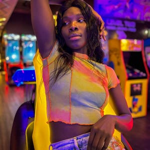 Size S /M - Modern Urban Outfitters Neon Pink Yellow and Blue Sheer Short Sleeved Shirt/ Spring Top/ Summer Top/ Party Top/ Festival Top bild 1