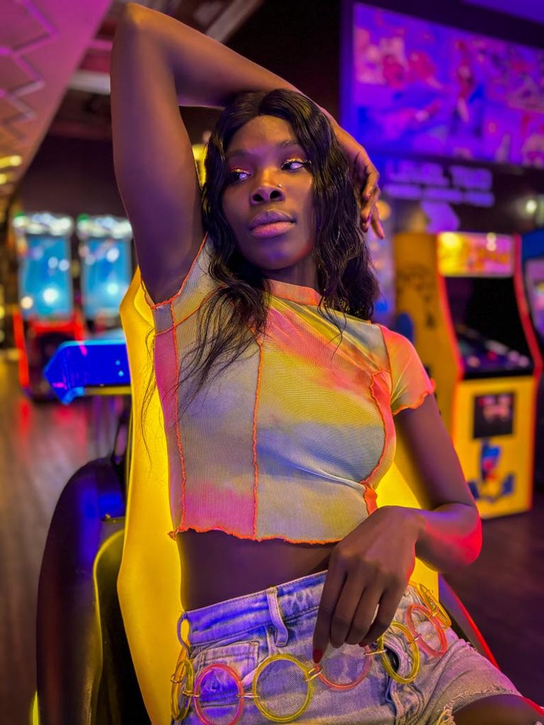 Size S /M - Modern Urban Outfitters Neon Pink Yellow and Blue Sheer Short Sleeved Shirt/ Spring Top/ Summer Top/ Party Top/ Festival Top bild 1