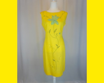 Size M/L - 1960s Vintage Bright Yellow Sleeveless Linen Flower Dress / Spring and Summer Midi Dress/ Classic Mod Dress