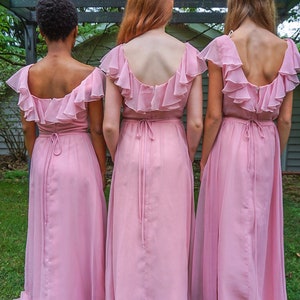 XS, S, & M 1970s Vintage Pink Pastel Maxi Bridesmaids dresses With Sheer Sleeves and Back Ruffles/Spring Dresses/ Wedding Dresses image 5