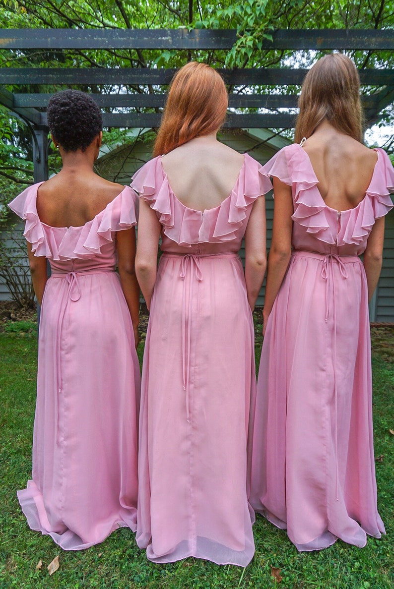 XS, S, & M 1970s Vintage Pink Pastel Maxi Bridesmaids dresses With Sheer Sleeves and Back Ruffles/Spring Dresses/ Wedding Dresses image 5