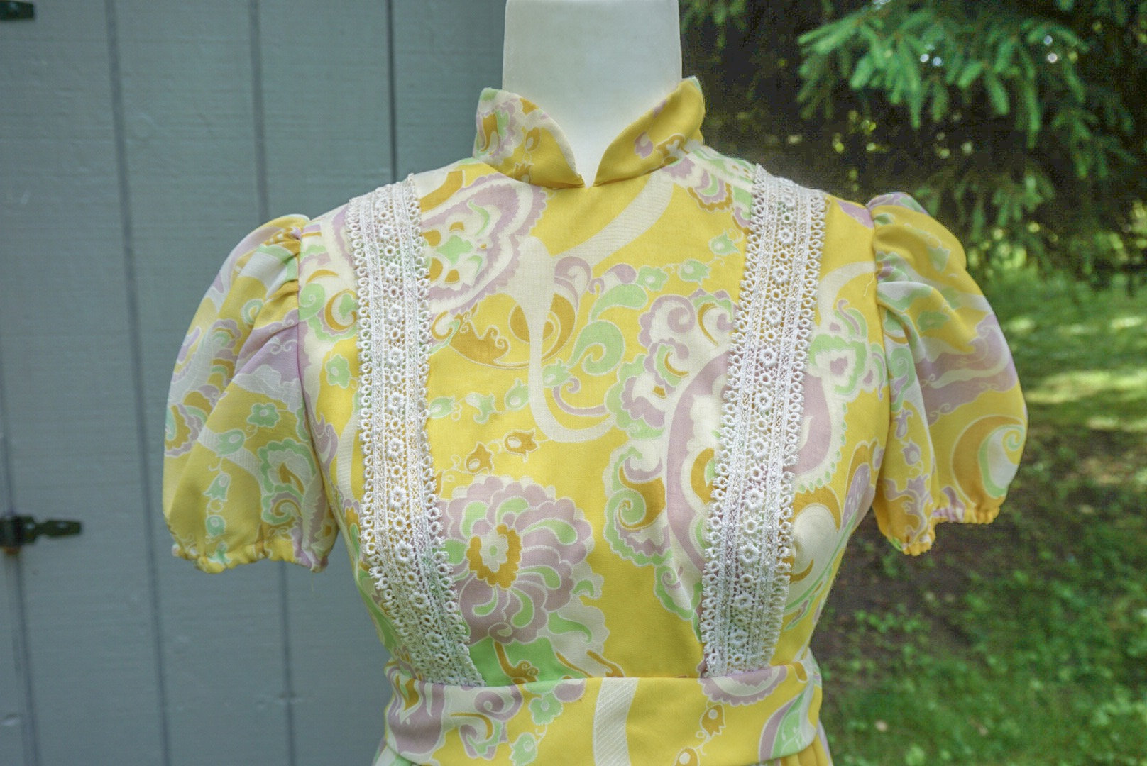 1970s Vintage Yellow Purple and Green Paisley Dress