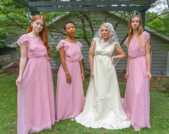 XS, S, & M 1970s Vintage Pink Pastel Maxi Bridesmaids dresses With Sheer Sleeves and Back Ruffles/Spring Dresses/ Wedding Dresses