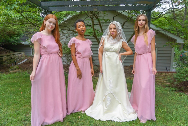XS, S, & M 1970s Vintage Pink Pastel Maxi Bridesmaids dresses With Sheer Sleeves and Back Ruffles/Spring Dresses/ Wedding Dresses image 1