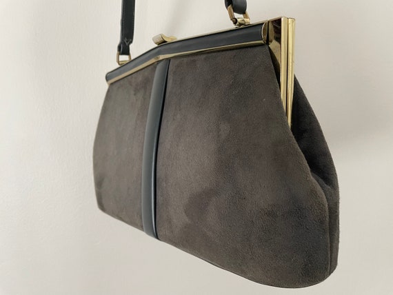 Vintage Grey Suede and Gold Trimmed Hand Bag with… - image 4