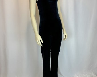 Size M - L - 1970s/80s Vintage Velvety Black Jumpsuit with Choker Neck Design and Open Back/ Party Jumpsuit/ Evening Jumpsuit