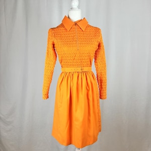 Size S - 1960s Vintage Vibrant Orange long sleeve belted sharp collar lightweight fabric dress/ Orange long sleeve dress/ Summer Dresses