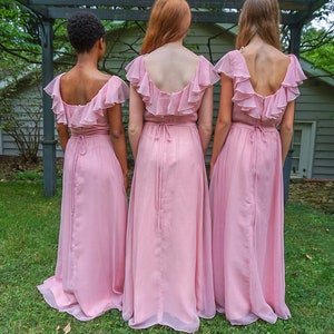 XS, S, & M 1970s Vintage Pink Pastel Maxi Bridesmaids dresses With Sheer Sleeves and Back Ruffles/Spring Dresses/ Wedding Dresses image 4