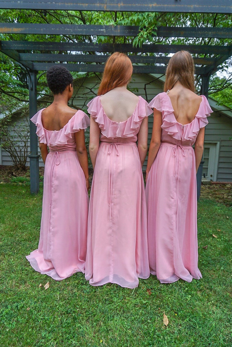 XS, S, & M 1970s Vintage Pink Pastel Maxi Bridesmaids dresses With Sheer Sleeves and Back Ruffles/Spring Dresses/ Wedding Dresses image 4