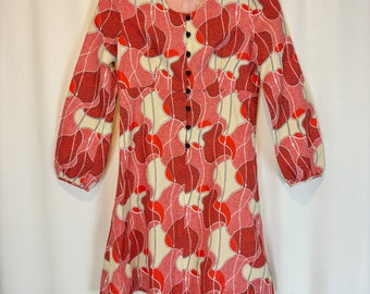 Size S/M - Mod 1960s Vintage Long Sleeve Red Pink and White Mini Dress/ Retro Mini Mod Dress/ Groovy Vintage Dresses