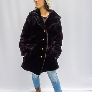 1960s/1970s Thigh length Black soft Faux Fur Coat with gold metal buttons and orange sateen fabric lining/ young women&#39;s cold weather coats