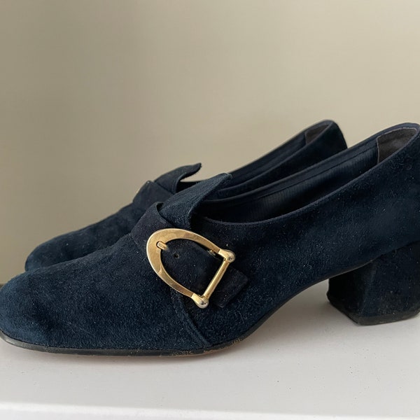 Size 6 - 1960s Vintage Navy Suede Pilgrim Style Heels with Front Golden Buckle by Montgomery Ward / Mod Vintage Shoes/ Chunky Heel