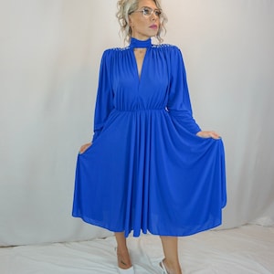 Size M - L - 1980s Vintage Blue Sexy Peekaboo V-Neck Midi Dress with Faux Pearls / Vintage Day Dress/ Vintage Evening Dress/ Party Dress