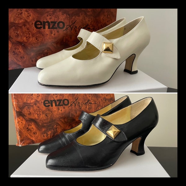 Size 6M - 2 Available - 1980s/90s Mary Jane Black and White Heels by Enzo Angiolini / Gold accent on front stretch strap