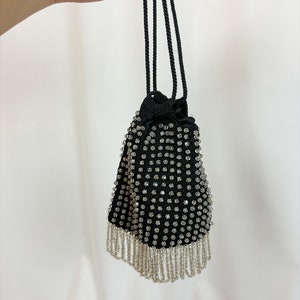 Vintage Solid Beaded with fringe small purse with pull close fully lined/ Vintage evening bag/ Vintage date night purse/ Vintage wedding