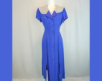 1990’s Midi slightly tapered at waist button down short sleeve tie back Purple Dress/ summer color dress/decorative garden party dress