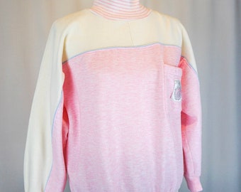 Size M - 1980s Vintage Gitano Pink and Cream Mock Neck Sweatshirt/ Baby Pink Sweater/ Vintage Sweatshirts