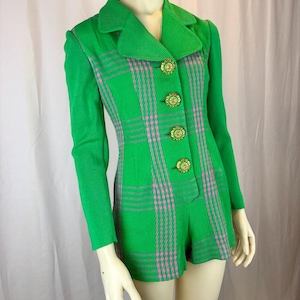 Size S/M - 1980s Vintage Green and Pink Long Sleeve Button Down Romper/ 1980s Romper/ Boss Lady Clothing/ High Fashion Romper/ Classic wear