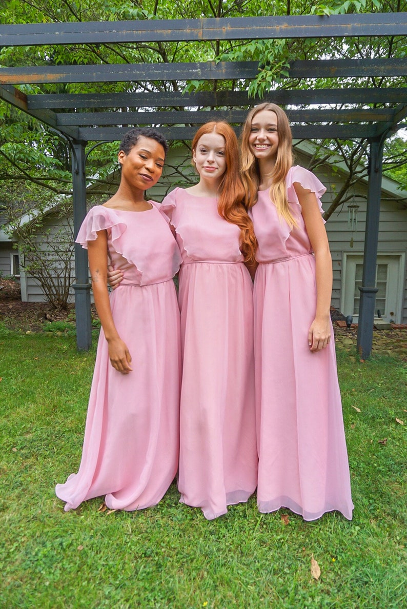 XS, S, & M 1970s Vintage Pink Pastel Maxi Bridesmaids dresses With Sheer Sleeves and Back Ruffles/Spring Dresses/ Wedding Dresses image 3