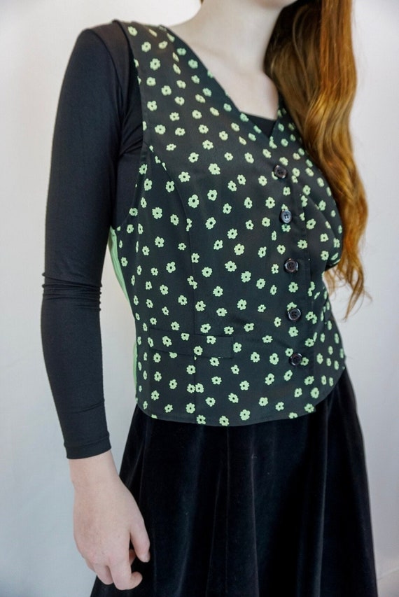 1990s Vintage Black Vest with Green Floral Print and Back Stripe Print/ Casual Vest/ Floral Print Vintage - One Size Fits Most 1990s Vintage Black Vest with Green Floral Print and Back Stripe Print/ Casual Vest/ Floral Print Vintage - One Size Fits Most