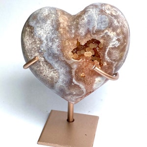 AAA Pink Amethyst with druzy Heart carving on stand from Brazil drusy