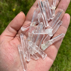 May include: A handful of clear quartz crystal points. The crystals are transparent with visible facets and varying lengths. The crystals are held in an open hand against a backdrop of green grass.