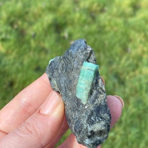 以下が含まれることがあります： 暗い灰色の粗い岩に、明るい緑色のエメラルドの結晶が埋め込まれています。