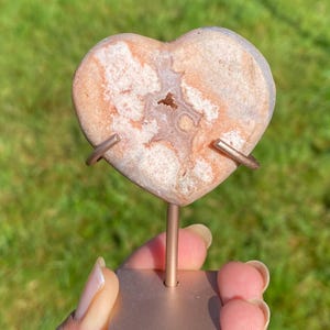 AAA Pink Amethyst with druzy Heart carving on stand from Brazil drusy