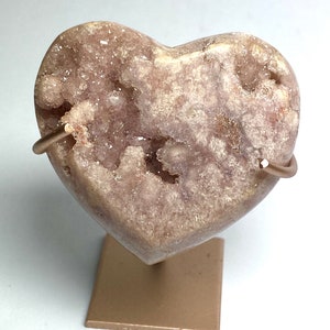 AAA Pink Amethyst with druzy Heart carving on stand from Brazil drusy