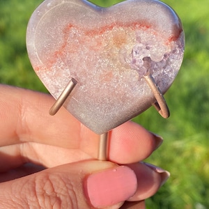AAA Pink Amethyst with druzy Heart carving on stand from Brazil drusy