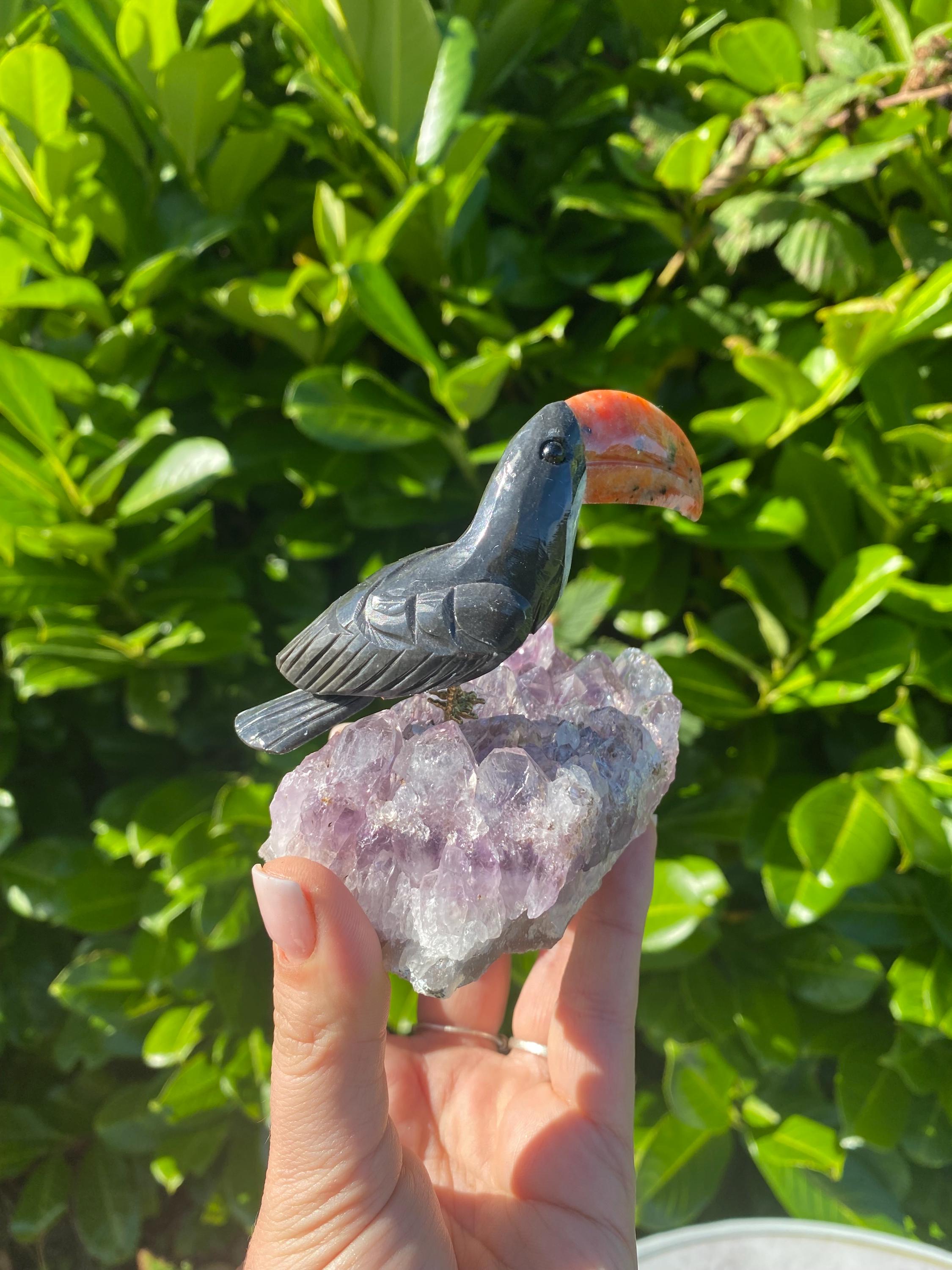 Hand Crafted Brazilian Amethyst Tourmaline Calcite Tucan Crystal