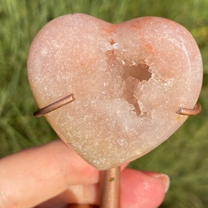 AAA Pink Amethyst with druzy Heart carving on stand from Brazil small size