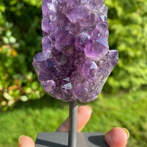 Uruguay Purple Amethyst Hamsa Hand Crystal Geode Carving on Stand