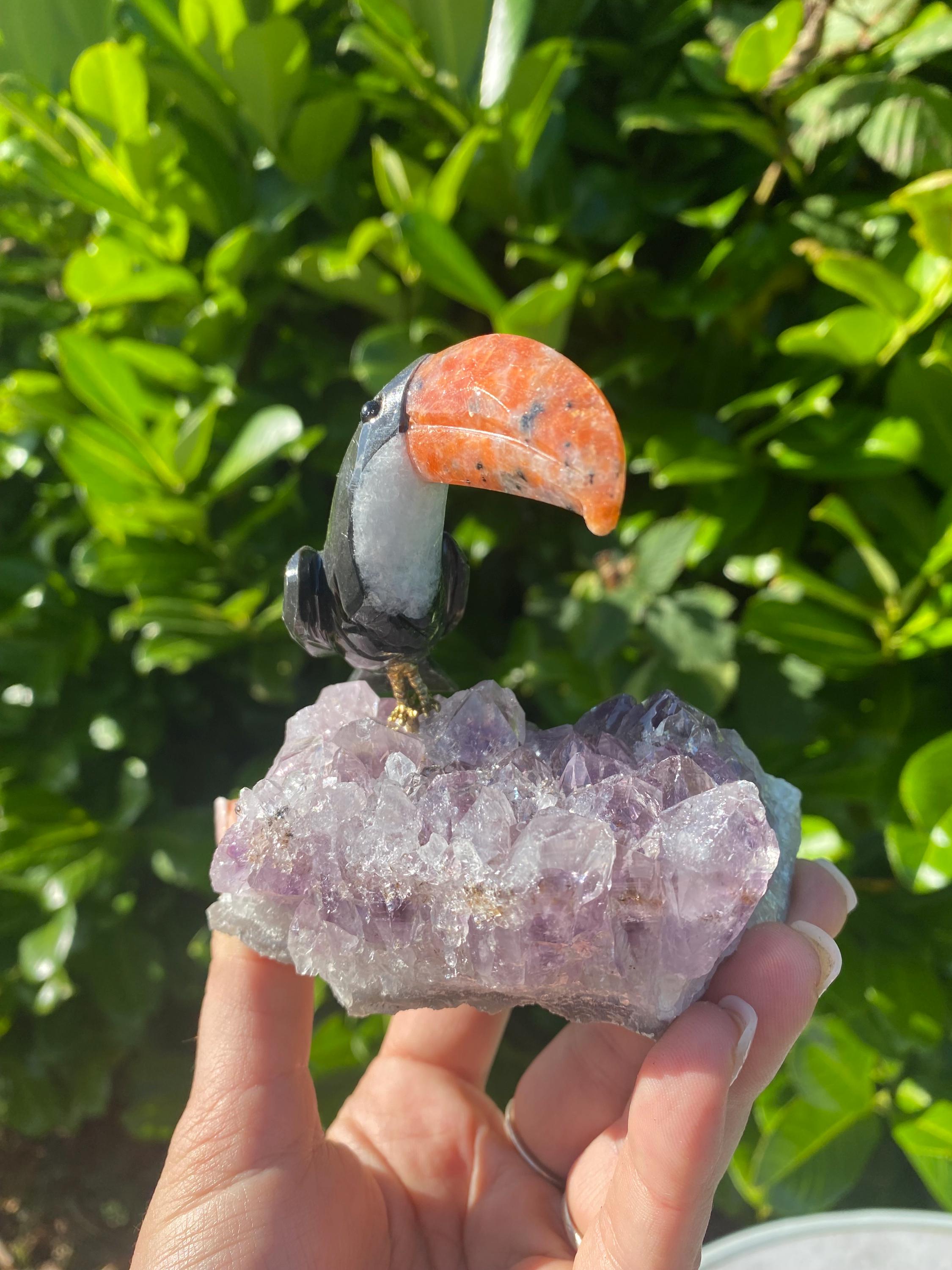 Hand Crafted Brazilian Amethyst Tourmaline Calcite Tucan Crystal