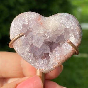 AAA Pink Amethyst with druzy Heart carving on stand from Brazil small size