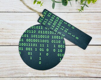 Green Digital Rain Design on Black Wood Coaster and Bookmark - Matrix Inspired Office Accessories