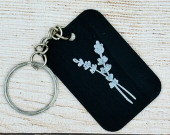Black keychain with lavender draw, Black wood keychain, colorful botanical key ring, Black and white key ring, Black keyring with flowers