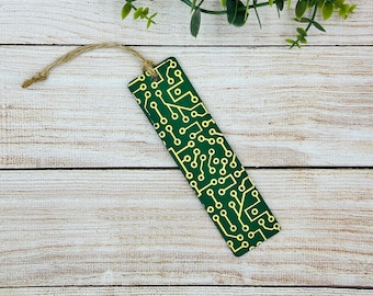 Handcrafted Wood Bookmark with Gold Circuit Detail - Unique Motherboard Design