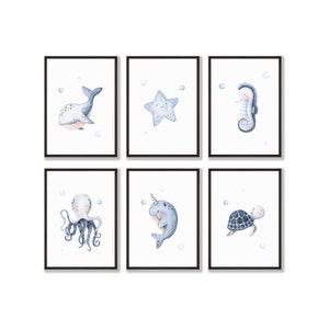 SEA LIFE PRINTS - Sea Creature Wall Art, Sea Animal Prints, Turtle, Whale, Narwhal, Seahorse, Octopus, Starfish Wall Art Print,Nursery Decor