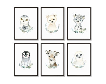 SNOW ANIMAL PRINTS - Snow Animal Wall Art, Baby Animal Prints, Animal Nursery Prints, Baby Nursery Wall Decor, Snow Nursery, Nursery Decor