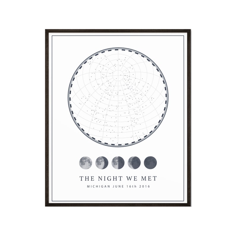 CUSTOM STAR MAP Night Sky Map, Constellation Map, Star Map Print, Star Map Art, Wedding, Couple, Wife, Anniversary Gift, First Date Gift 3. White with Moons