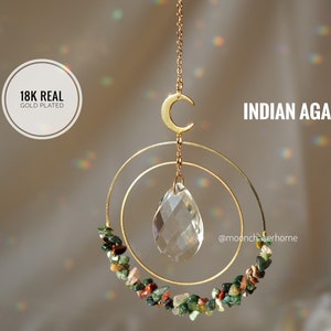 Aziza suncatcher+natural crystals-Indian Agate-18K real GOLD PLATED moon, Mother's day gift,car charm,gift for woman,birthday gift