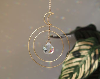Crystal Suncatcher with Moon, Rainbow Prism Window Light Diffuser-Sana