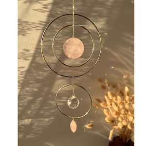 Meera light gold hoop suncatcher home decor  with two big rose quartz pendant, Christmas gift for woman, mineral decor