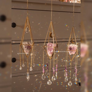 Attrape-soleil géode druzy en cristal d'améthyste avec pendentif lune, prisme arc-en-ciel, attrape-soleil géométrique-Ákos
